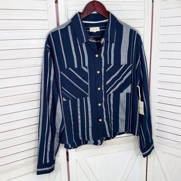 Sandy & Sid Striped Long Sleeve‎ Button Up Crop Shirt Blue White Large - Picture 7 of 12